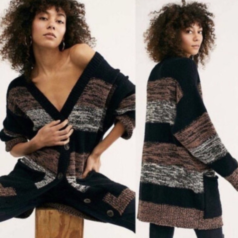 Free People Black and Brown  oversized Striped Cardigan
